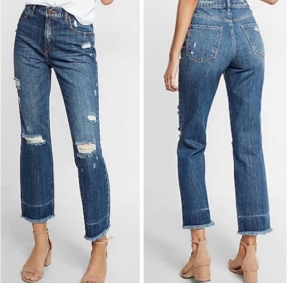 Express Denim - “Express” distressed high rise straight ankle jeans/raw hem;size 2; NWOT